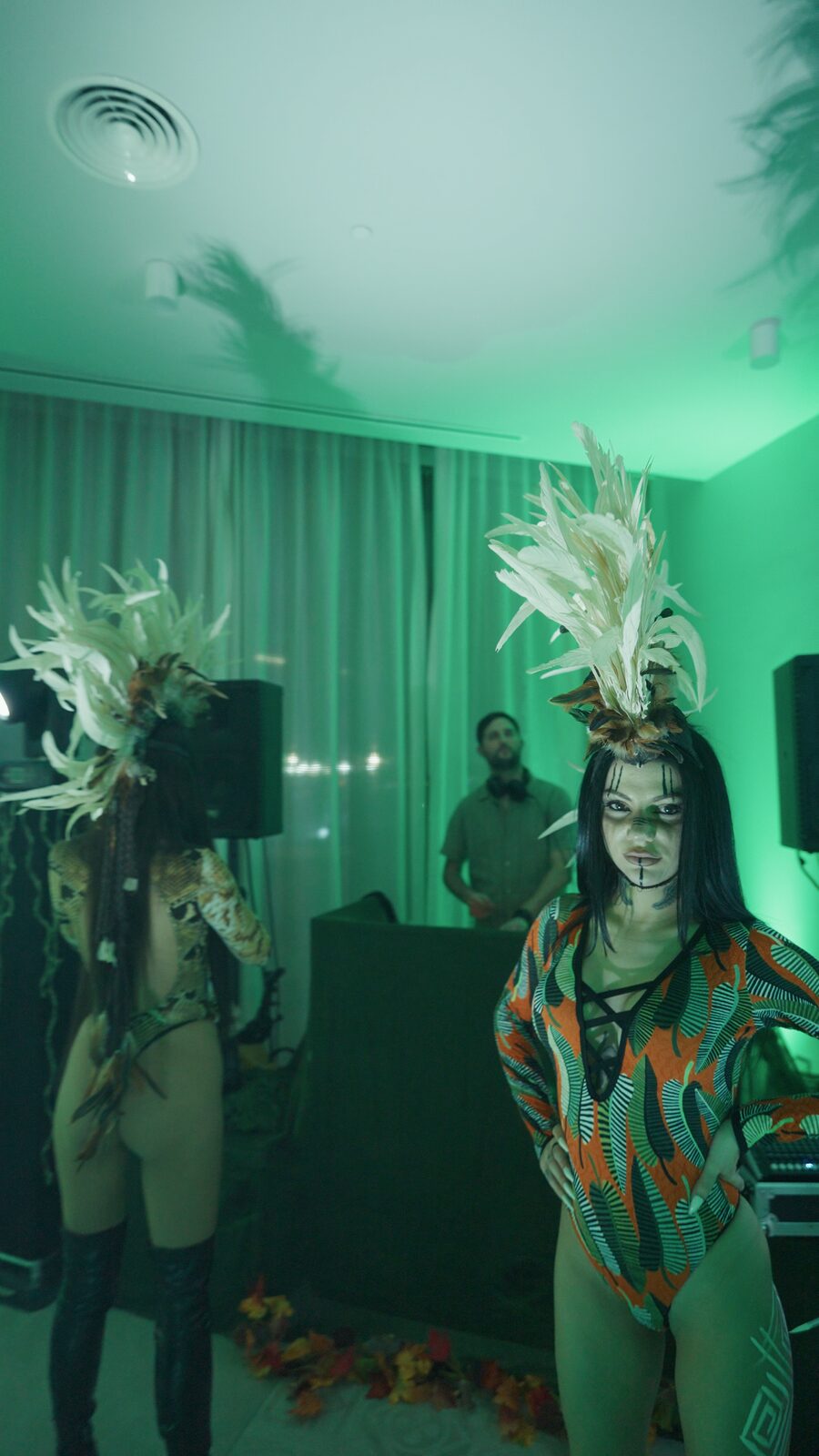 Carnival dancers performing beside the DJ